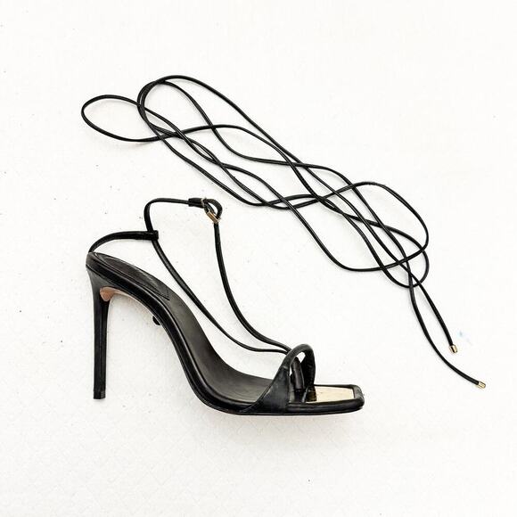 Schutz Lace Up Leather Strappy Stiletto Black Square Toe Sandal Size 10 - Picture 5 of 5